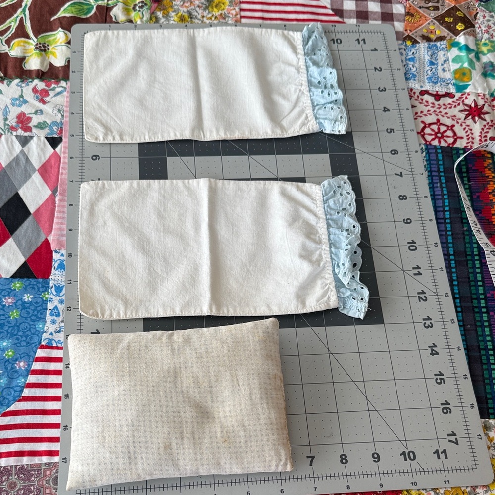 Vintage Handmade Doll Pillow and Pillowcases with Blue Eyelet Trim – 3-Piece Set